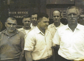 On Main Street in Coshocton, Ohio after a union meeting, L to R Tesco Howard, Doyle Rice, Raliegh Hunter, Normas Nubbin Burnett, Arnold Duff, Drexel Wright.