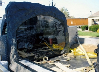 The Memorial Stone on the truck of Milligan Memorials, waiting on the crane to hoist into place. October 18, 2013.