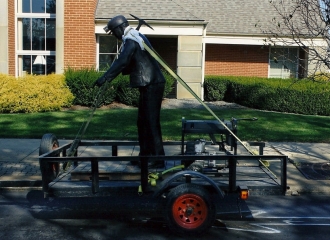 Coal Miner Bronze Statue. This is how Alan Cottrill transported this from Zanesville, Ohio to Coshocton, Ohio on Friday October 18, 2013 to place statue on cement pads the day before the dedication service. October 18, 2013.